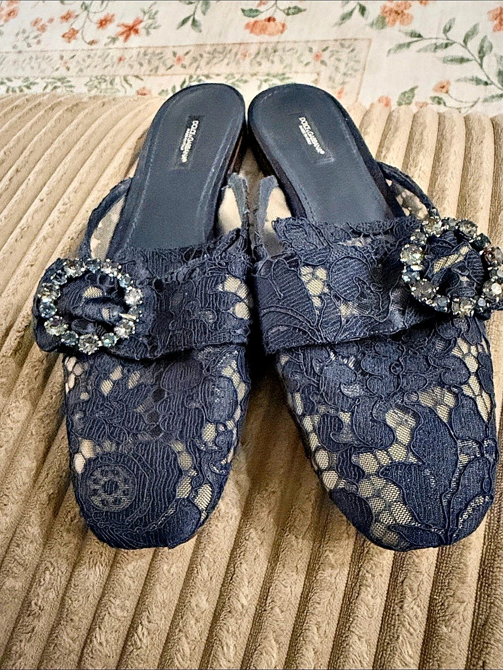 Dolce & Gabbana Vally Taormina Lace Crystal Flat Mules Blue EU 40